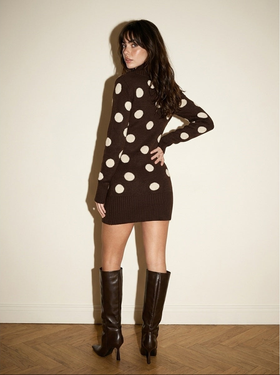 Back view of women's brown polka dot sweater mini dress with long sleeves