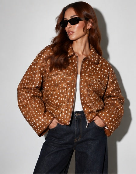 Deer print zip-up jacket in brown and cream, front view showing the oversized fit, rounded collar and pocket details