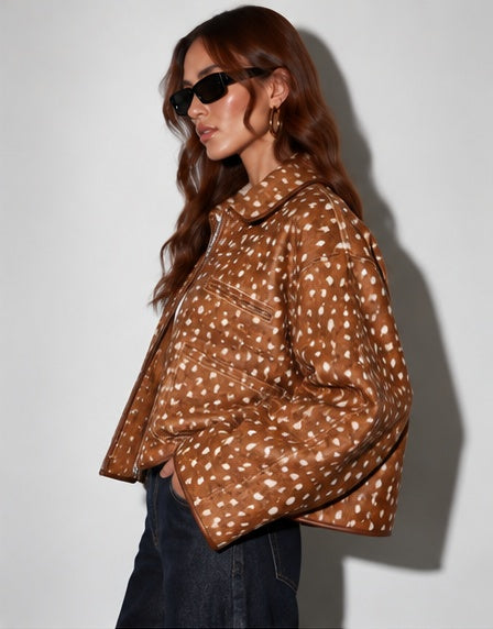 Deer print zip-up jacket in brown and cream, side view highlighting the boxy fit, long sleeves and rounded collar