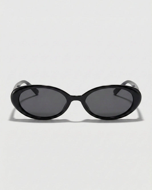 Front view of black oval polarized sunglasses featuring a narrow retro-inspired frame and dark black lenses.