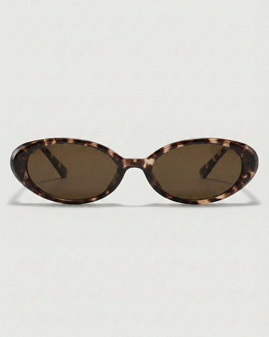Front view of tortoiseshell oval polarized sunglasses featuring a narrow retro-inspired frame and warm brown lenses.