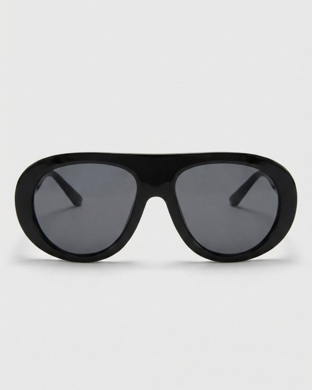 Front view of black polarized aviator sunglasses featuring a polished black frame, rounded silhouette, and dark black lenses.