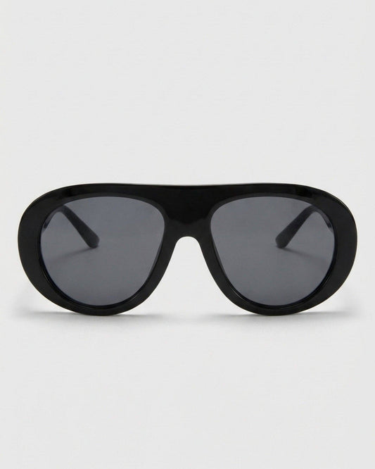 Front view of black polarized aviator sunglasses featuring a polished black frame, rounded silhouette, and dark black lenses.