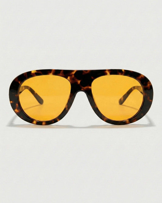 Front view of polarized aviator sunglasses featuring a bold tortoiseshell frame, rounded silhouette, and contrasting orange lenses.